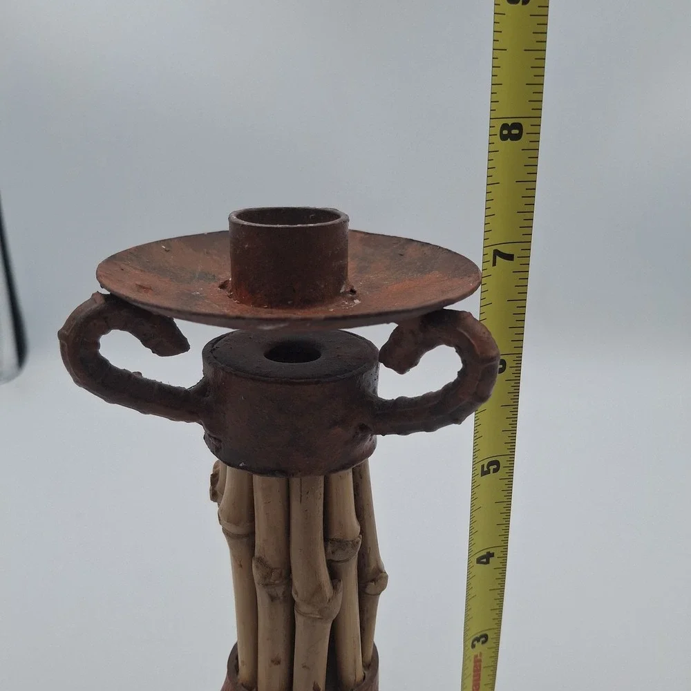 Rustic Metal Candleholder Bamboo Contrast Accent Three Legged Patina Rugged 7 In
